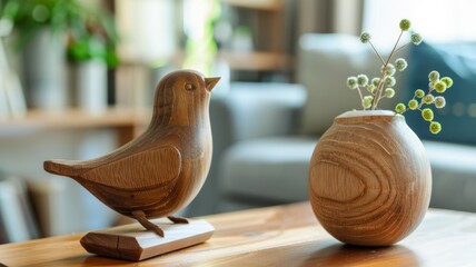Wooden bird figurine on a coffee table - A handcrafted wooden bird perched next to a vase with delicate flowers adds a touch of nature-inspired decor to a cozy room - obrazy, fototapety, plakaty