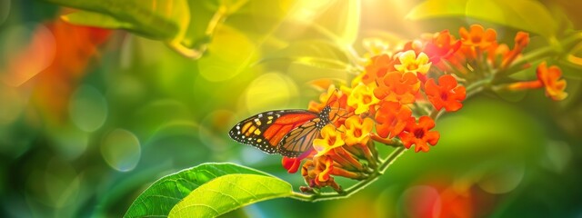 Beautiful image in nature of monarch butterfly on lantana flower.
