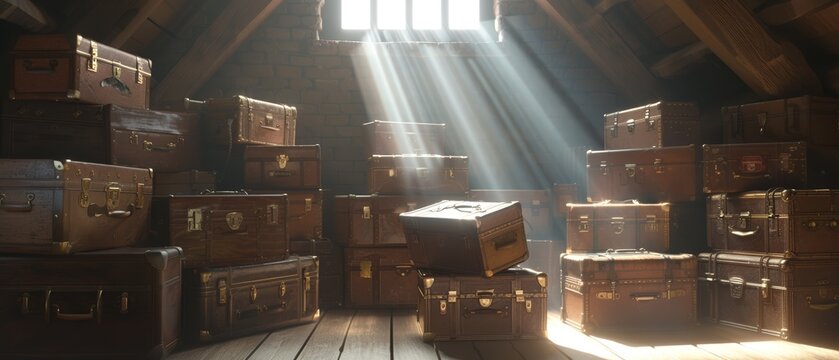 Dusty attic filled with vintage trunks, rays of light illuminating forgotten memories.