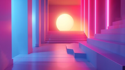 Synthwave retro futurism. 3D render of a virtual landscape with a glowing moon and stairs leading...