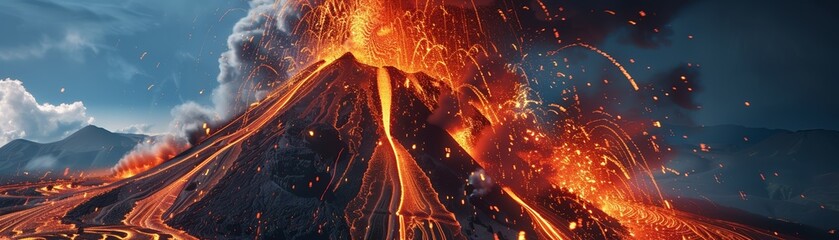 Volcano in mid-eruption, lava streams, ash skyward, dynamic earth