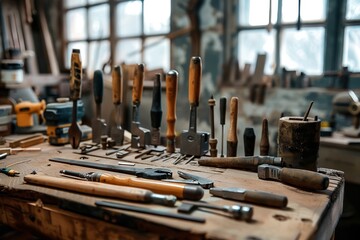 Workshop detail, tools atop wood bench, inviting craftsmanship exploration