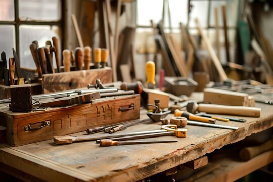 Workshop detail, tools atop wood bench, inviting craftsmanship exploration