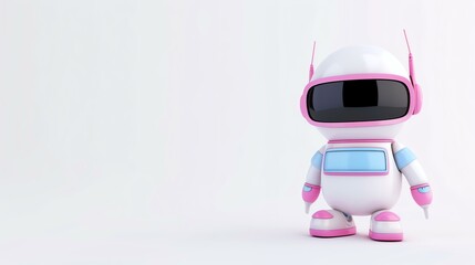 This is a cute and friendly robot. It has a white body, pink accents, and a blue chest. It is standing on two legs and has two arms.