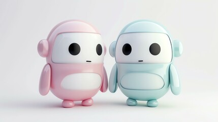 This is an image of two cute and friendly robots. They are both pastel colored and have big eyes.