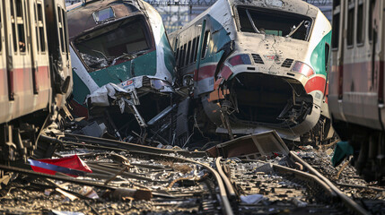 Fototapeta na wymiar massive trains collided and derailed, with different parts of it shattered 