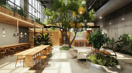 The image shows a modern office space with a large tree in the center.