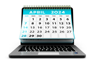 2024 year calendar. April calendar over laptop screen on a white background. April 2024 Spiral Calendar can be used for Stationary, flyer, banner background. 3d render