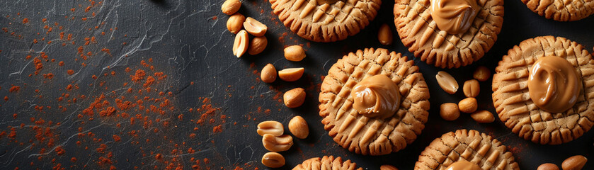 Peanut butter cookies arranged in a pattern with a dollop of peanut butter and peanuts scattered around