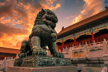 In the ancient Chinese Forbidden City, there is an oversized bronze lion and copper ball on both...
