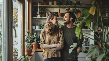 Young couple standing in the kitchen, looking at each other and smiling. There are many plants on the shelves in the background.