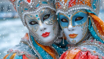 Two venetian carnival masks on the background.