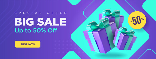 Big sale long banner with purple and blue colors. A couple of gift boxes with discount label. Vector illustration.