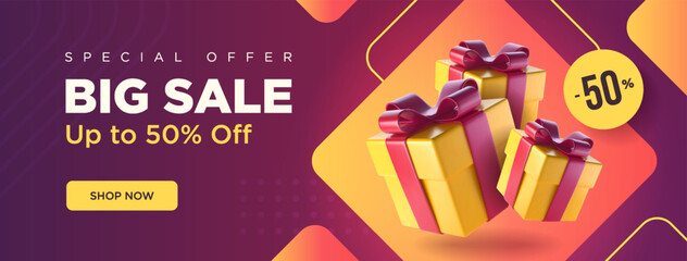 Big sale long banner with burgundy orange and yellow gradients. A couple of gift boxes with discount label. Vector illustration.