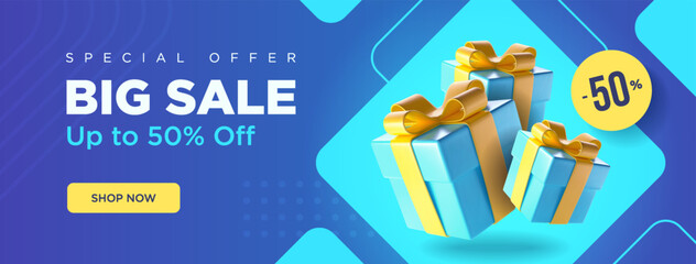 Big sale long banner with blue and purple shades. A couple of gift boxes with discount label. Vector illustration.