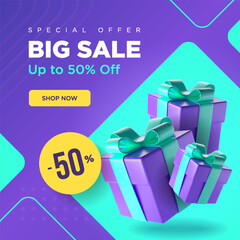Big sale square banner with purple and blue colors. A couple of gift boxes with discount label. Vector illustration.