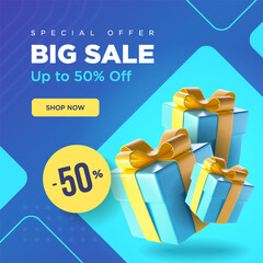 Big sale square banner with blue and purple shades. A couple of gift boxes with discount label. Vector illustration.