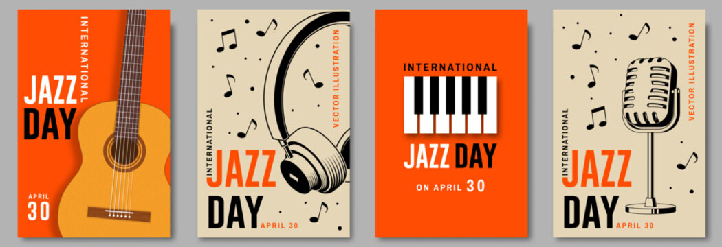 Jazz Day. Poster background template for music festival. Classical wooden guitar, piano keyboard, microphone event flyer design. April 30. International Jazz Day Celebration. Vector illustration.