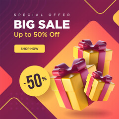 Big sale square banner with burgundy orange and yellow gradients. A couple of gift boxes with discount label. Vector illustration.