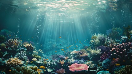 Underwater view of a coral reef with many tropical fish.