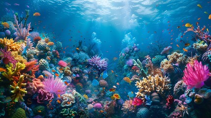 Underwater view of a coral reef with many colorful fish swimming around. - obrazy, fototapety, plakaty