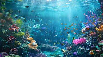 Underwater world full of life. Colorful fishes swim near a beautiful coral reef in the clear blue...