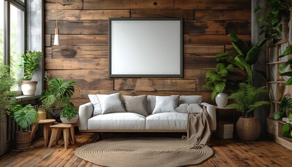 White frame hanging on dark wooden wall.