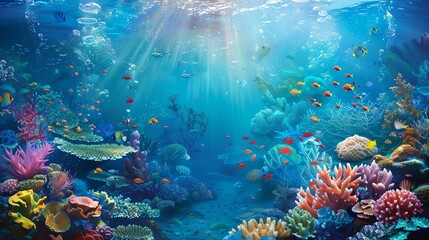 Underwater world. Colorful fishes swim near a coral reef.