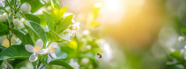 Beautiful natural background with orange tree foliage and flowers and a bee outdoors in nature. - obrazy, fototapety, plakaty
