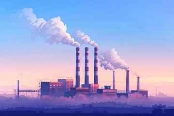 Power plant with smoking chimneys on background of blue sky, factories release CO2 into atmosphere, concept of carbon trading market and atmospheric pollution, air pollution, digital illustration - obrazy, fototapety, plakaty