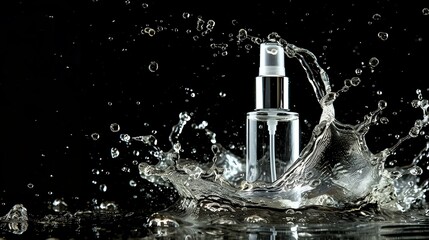 Transparent cosmetic bottle with a silver cap. Water splash on a black background.