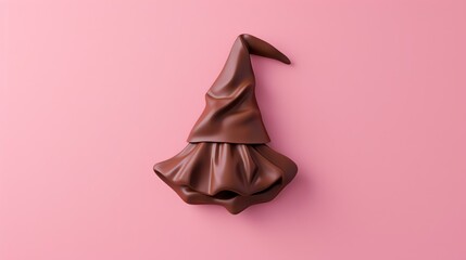 3D rendering of a brown witch hat isolated on a pink background. The hat is made of a soft, velvety material and has a wide brim.