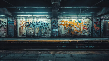 dirty and rusty subway train station , graffiti art in the tunnel ,  dangerous public transportation - obrazy, fototapety, plakaty
