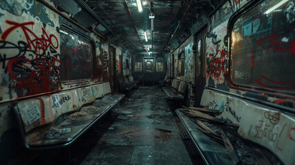 inside dirty and rusty train, graffiti art in train ,  dangerous public transportation