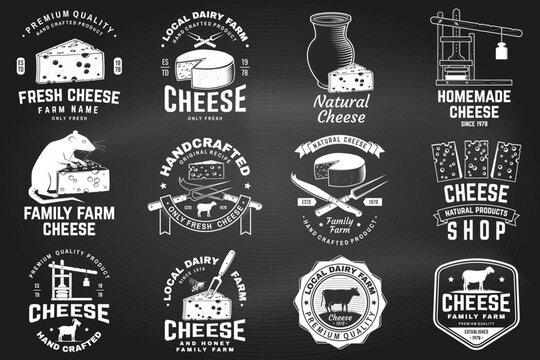 Cheese family farm badge design on the chalkboard. Template for logo, branding design with block cheese, sheep lacaune on the grass, fork, knife for cheese, cow, cheese press. Vector illustration