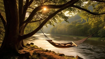 Rolgordijnen hammock on the tropical island. © Shades3d