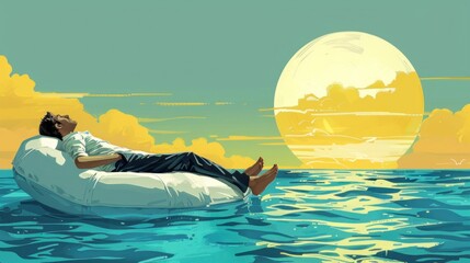 Business safety net concept with businessman sleeping peaceful on raft at sea, Generative AI illustration - obrazy, fototapety, plakaty