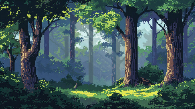 2d pixel art of forrest, natural warm  light ,game concept art , 16 bit , 3 bit