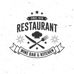 Restaurant shop, menu logo. Vector Illustration. Vintage graphic design for logotype, label, badge with chef hat, fork and knife. Cooking, cuisine logo for menu restaurant or cafe. - 771495510