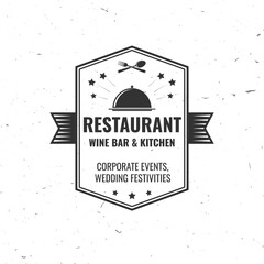 Restaurant shop, menu logo. Vector Illustration. Vintage graphic design for logotype, label, badge with cloche with lid, fork and knife. Cooking, cuisine logo for menu restaurant or cafe.