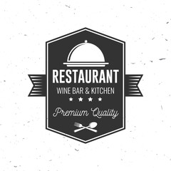 Restaurant shop, menu logo. Vector Illustration. Vintage graphic design for logotype, label, badge with cloche with lid, fork and knife. Cooking, cuisine logo for menu restaurant or cafe. - 771495739