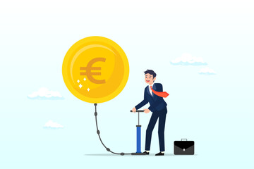 Businessman inflate air pump into floating Euro money coin, inflation in Europe causing by energy shortage, interest rate policy to reduce inflation, Euro recession or money devaluation (Vector)