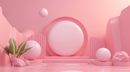 3D rendering of a pink and white abstract geometric background with a podium for product display.