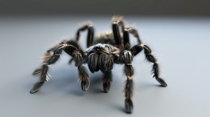 A close-up of a tarantula. The tarantula is black and brown, with long, hairy legs. It is standing on a gray surface.