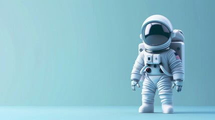 3D rendering of a cute astronaut in a spacesuit with a reflective visor standing on a blue...