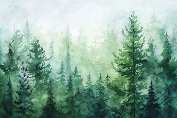 Watercolor painting of lush green forest, hand-drawn fir and spruce trees, tranquil woodland landscape illustration