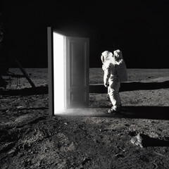 On the Moon. Astronaut standing in front of an mysterious open door to another world. Image with 3d rendering element and vintage film camera effects. Elements of this image furnished by NASA.