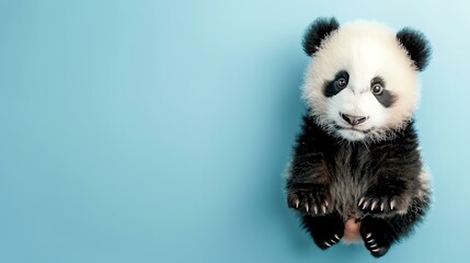 An adorable baby panda bear with big, round eyes and fluffy black and white fur is sitting on a...