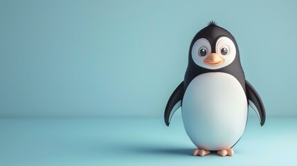 3D illustration of a cute penguin standing on a blue background. The penguin has a friendly expression on its face and is looking at the viewer.