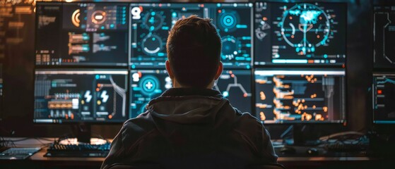 Cybersecurity Analyst Monitoring Data Multiple Screens